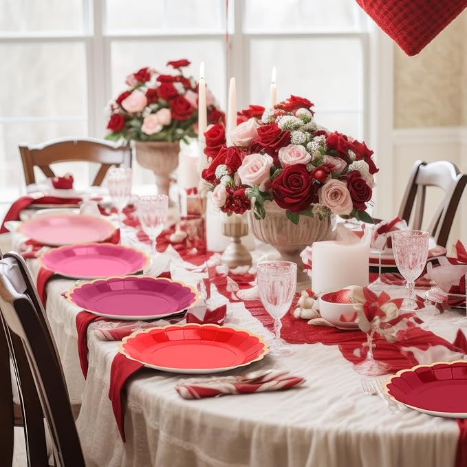 48 Pcs Valentine's Day Paper Plates 9 Inch Gradient Red Pink Scalloped Paper Plates Disposable Dinner Dessert for Valentine Anniversary Birthday Wedding Party Supplies, 6 Colors
