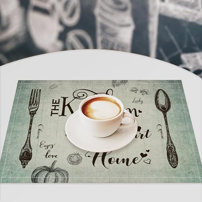 Retro Farmhouse Placemat Set, Minimal Green Gradient Rustic Plank Art Sketch Cutlery Knife Fork Inspirational Quotes Pattern Home Decor Linen Table Mats for Dining Room Kitchen Party (17x12in) x6P
