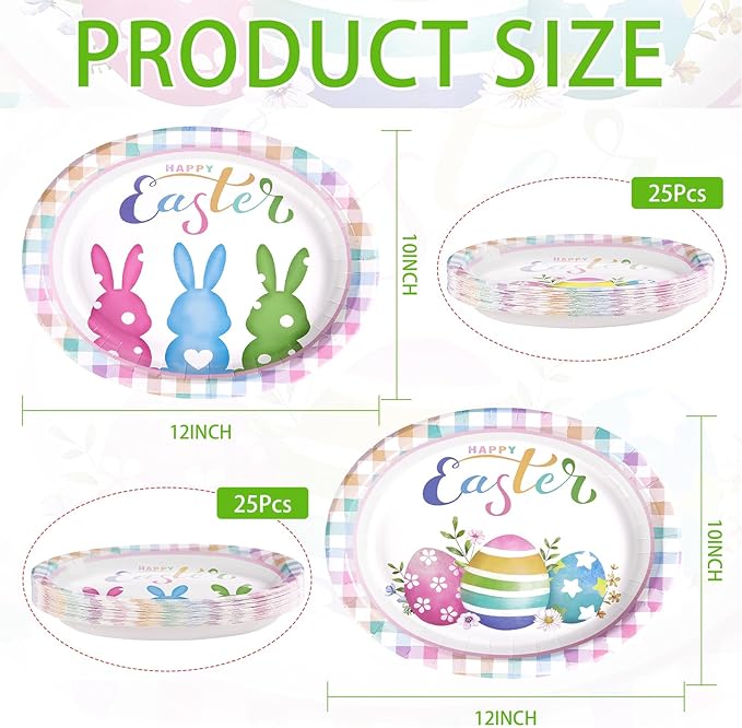 50 Pcs Easter Oval Paper Plates 10" x 12" Large Easter Bunny Egg Plates Heavy Duty Disposable Rabbit Dinner Plate Colorful Plaid Platters for Spring Holiday Baby Shower Birthday Party Supplies Decor