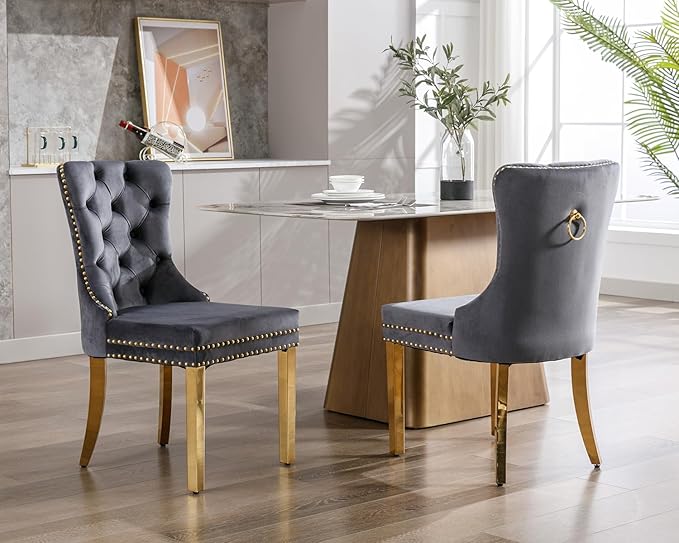 KCC Velvet Dining Chairs Set of 2, Upholstered High-end Tufted Dining Chair with Nailhead Back Ring Pull Trim Stainless Steel Legs, Contemporary Nikki Collection Modern Style for Kitchen, Dark Gray