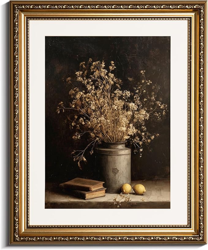 InSimSea Gold Picture Framed Wall Art, Living Room Vintage Dried Flowers Vase Wall Decor, Dark Moody Still Life Canvas Print Art, Home Farmhouse Decor, Antique Paintings with Frame 13x16inch
