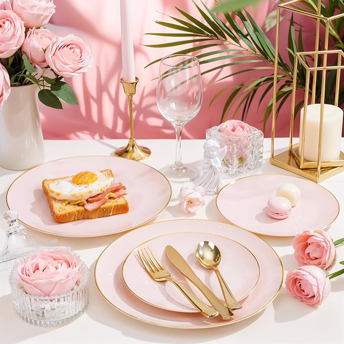 Nervure 100Pieces Pink and Gold Plastic Plates - 7.5inch Disposable Pink Salad/Dessert Plates - Heavy Duty Plastic Plate Ideal for Wedding & Party