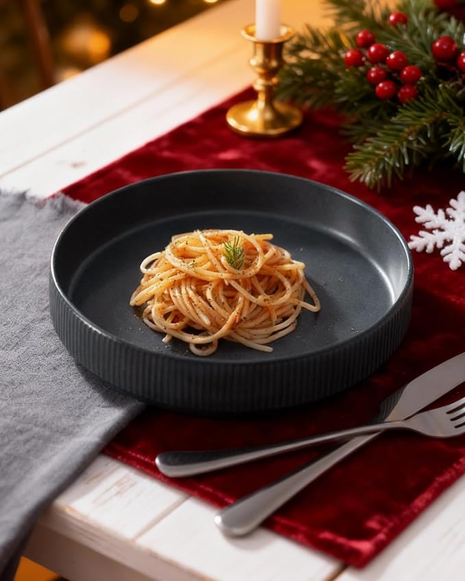 famiware Star 7.5" Pasta Bowls Set, Salad Bowl Set of 4, Double Reactive Glaze, Stackable, Ideal for Your Friend for Housewarming, Festivals, Matte Dark Charcoal (Full Glaze)
