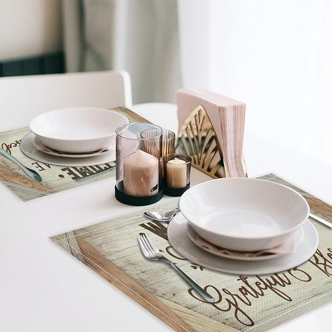 Vintage Farmhouse Placemat Set, Beige White Rustic Wooden Plank Patchwork Welcome Home Letter Inspirational Quotes Pattern Home Decor Linen Table Mats for Dining Room Kitchen Party (17x12in) x6P