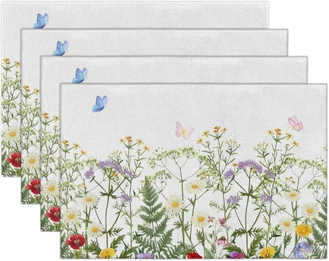 Spring Wildflowers Placemats Set of 4, Washable Elegant Placemats, Non-Slip Table Rectangle Linen Place Mats for Kitchen Dining Party Home Indoor Table Decor, Forest Style Home Decoration