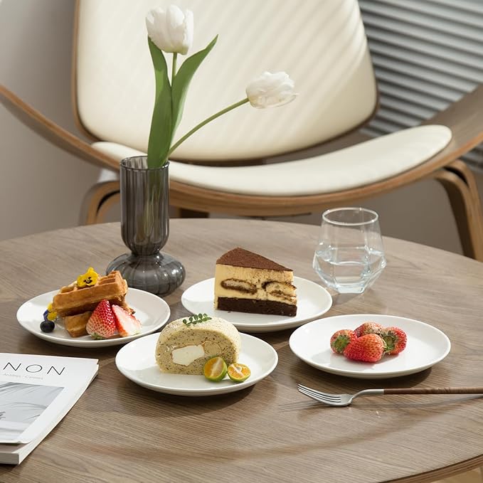 7 Inch Ceramic Dessert Plates Set of 12, White Round Appetizer Plate with Rim, Porcelain Small Dinner Plates for Snacks, Side Dishes, Fruit, Microwave Oven and Dishwasher Safe