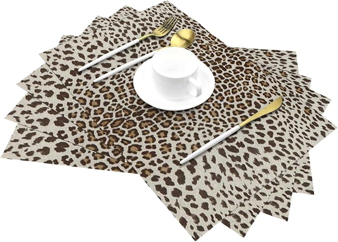 Leopard Print Placemats Set of 4,12x18 Inches Brown Cheetah Animal Print Decorative Placemats Rectangle Boho Modern Abstract Table Mats for Party Home Kitchen Dining Table Decoration