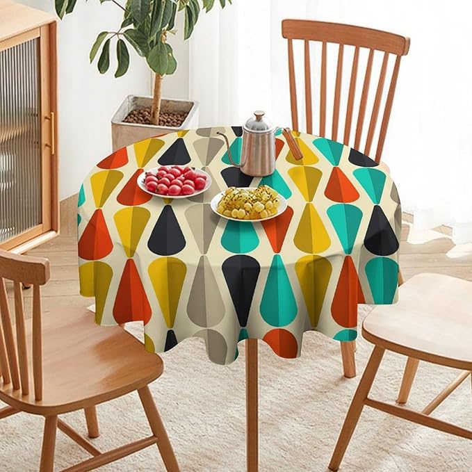 Vintage Bohemian Mid Century Round Tablecloth, Retro 50s 60s Geometric Pattern Print Tablecloth for Home Party Dining Room Kitchen Decor 36Inch(90cm)