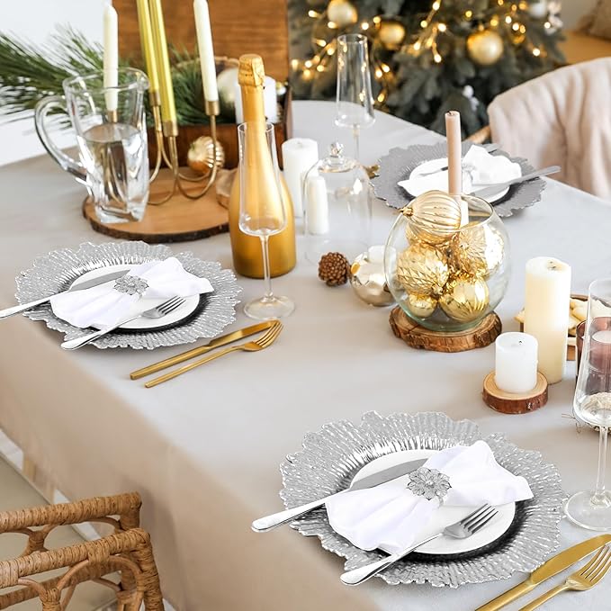 Dandat 48 Pcs Charger Plate Bulk 13'' Floral Reef Plates with Napkin Ring Plastic Dinner Charger Hollow Out Flower Napkin Holder Plastic Plate for Table Setting Wedding Party (Silver)