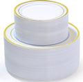 200 PCS Gold Plastic Plates Disposable, White and Gold Plastic Plates Include 100 Dinner Plate and 100 Dessert Plate Perfect for Holiday, Party & Wedding