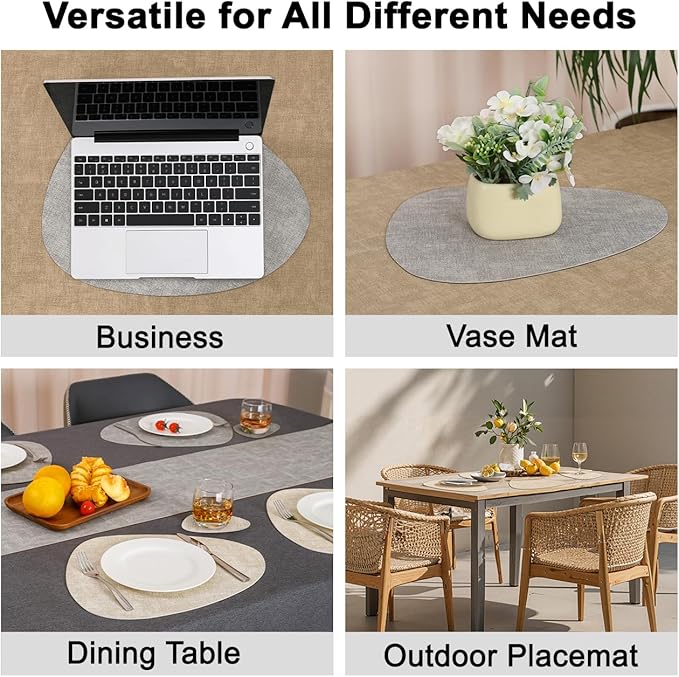 Placemats and Coasters, Washable Placemats Round Faux Leather Wipeable Place Mats Non Slip Heat Resistant Indoor Outdoor Table Mats (Set of 4, Light Gray Cream-White)