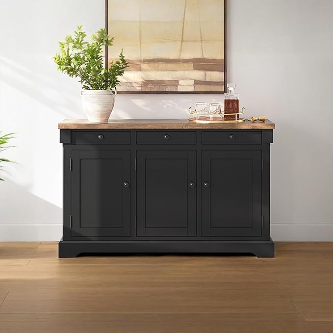 Signature Design by Ashley Wildenauer Farmhouse Dining Buffet with Drawers and Adjustable Shelves, Light Brown & Black