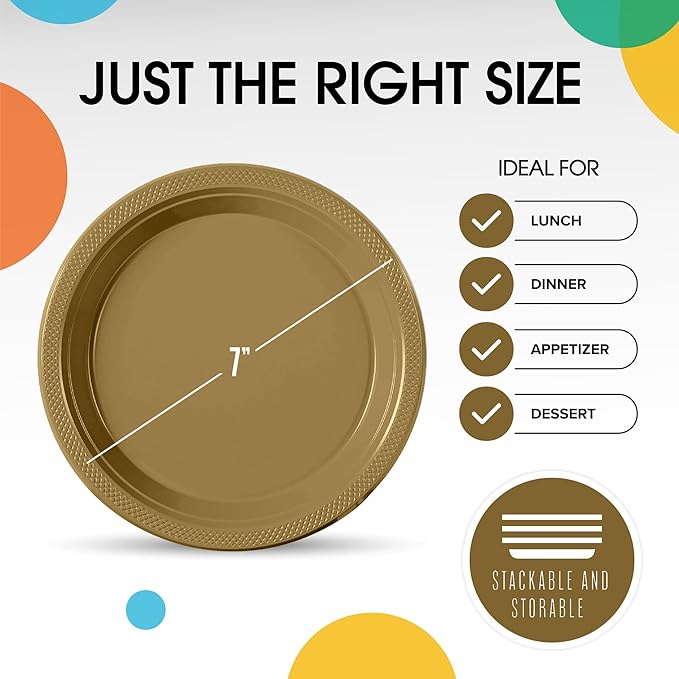 Gold Plastic Plates For Party 7" Gold Disposable Plates Heavy Duty 100 Pcs Plastic Dinnerware Sets Heavy Duty 350 GSM Disposable Dinnerware Set
