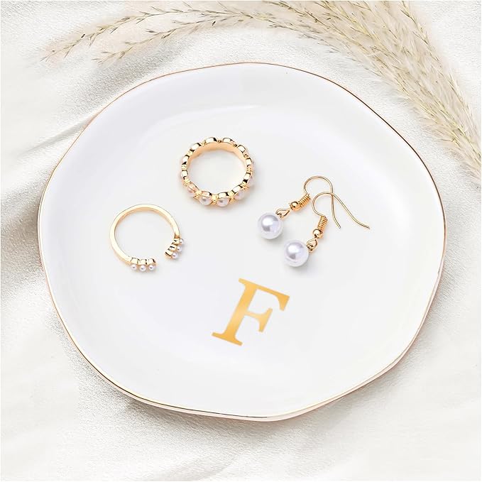 ProCase Ceramic Jewelry Tray, Initial Ring Dish Trinket Plate Engagement Gift, Small Personalized Monogram Ring Bowl for Wedding, White Decorative Jewelry Holder for Women Vanity -Letter F