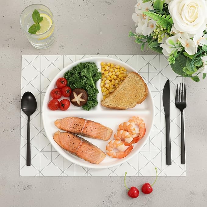 Lounsweer Set of 4 Pcs Portion Control Plate Ceramic Divided Bariatric Plates 3 Compartment Reusable Dinner Plates for Weight Loss Balanced Meal (8 Inch)