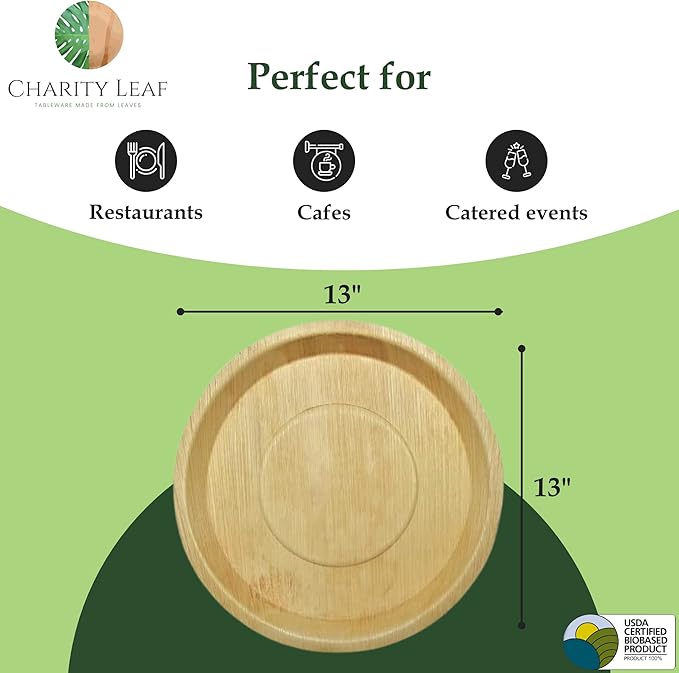 Charity Leaf Disposable Palm Leaf 13" Deep Round Trays (10 pieces) Bamboo Like Serving Platters, Disposable Boards, Eco-Friendly Dinnerware For Weddings, Catering, Events