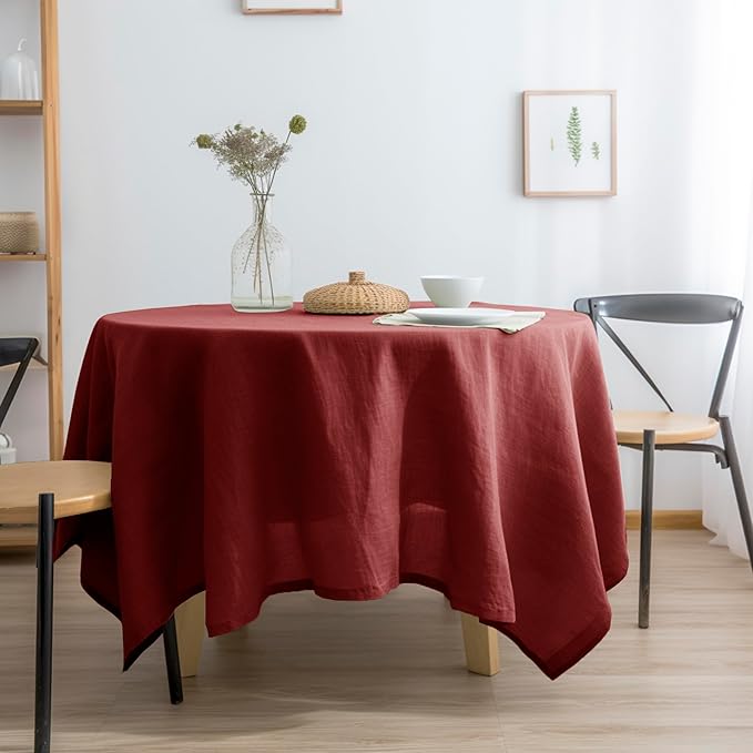 EVERLY 100% Pure Linen Round Tablecloths 70Inch Round Machine Washable Tablecloth for Thanksgiving,Decorative Halloween,Buffet Parties,Picnic,Events,Weddings and Restaurants-Christmas Red
