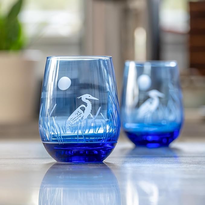Rolf Glass Heron Blue Stemless Wine Glass | 15oz Stemless Tumbler | Engraved Lead-Free Coastal Glassware | Made in the USA | Blue Heron Engraved Design | Set of 4