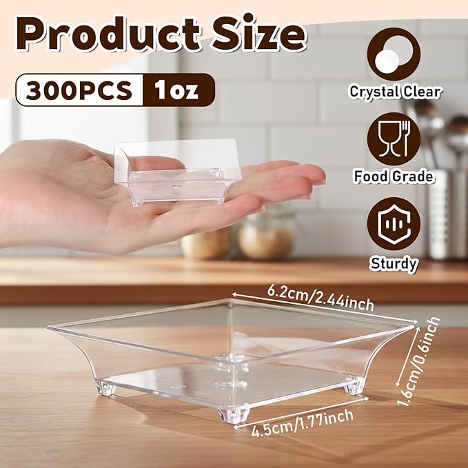 SHENLIU 300 Pcs 1oz Mini Clear Dessert Plates, 2.4 x 2.4 Inch Disposable Square Plastic Appetizer Plates Small Clear Dish for Dessert Salad Appetizer Sauces Tastings Cake Wedding Party Serving