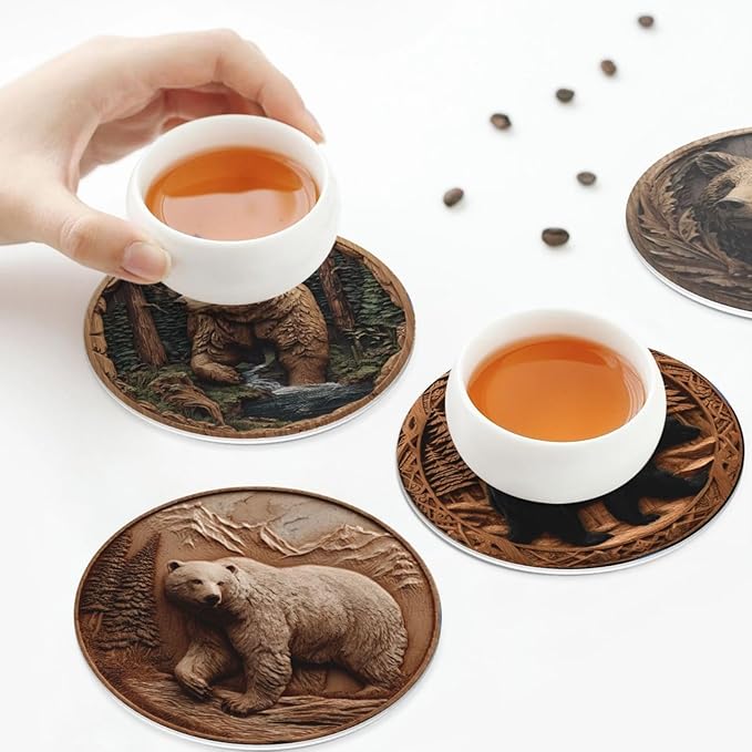 Bear Coasters for Drinks with Holder Round Leather Coasters Set of 6 Cups Mugs Mat Pad for Home Kitchen Bar