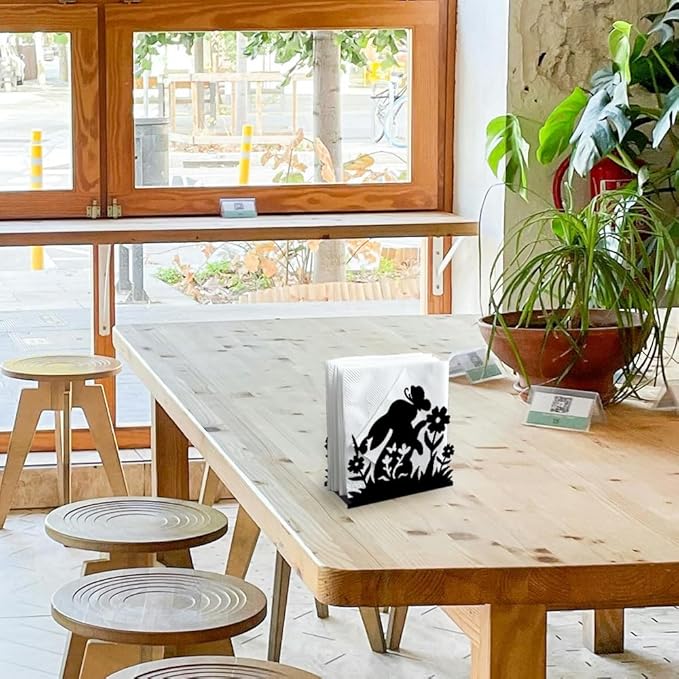 Rabbit Flower Decorative Black Metal Napkin Holder for Table, 5.3" x 4.9" x 1.9" Bunny Butterfly Animal Standing Napkin Holder for Home Kitchen Restaurant Picnic Party Coffee Bar Dining Room