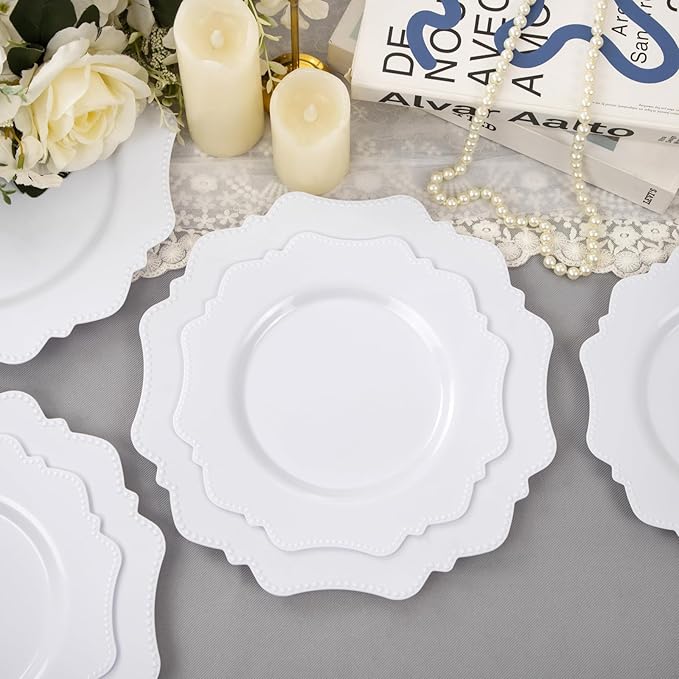 COLOSUS 100 pcs White Plastic Plates Set,Fancy Beaded Plates-European Retro plates include 50 dinner plates and 50 dessert plates,Plastic Disposable plates for BBQ and Party