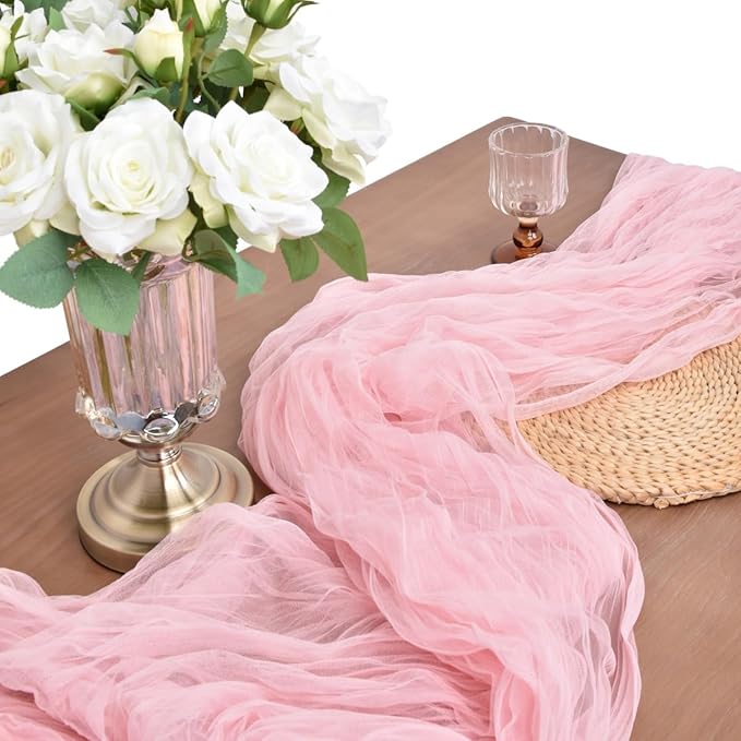 Joanlody Blushing Pink Cheesecloth Table Runner Spring Easter 10Ft Rustic Gauze Boho Cheese Cloth Table Runner for Wedding Bridal Baby Shower Decoration 6 Pack
