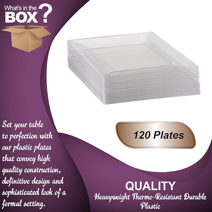 Elegant Disposable Plastic Dessert Plates 120 Pcs-Heavy Duty Fancy Square Clear Salad Plates - 6.5" Appetizer Cake Plates
