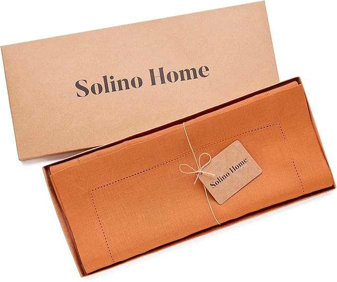 Solino Home Linen Pumpkin Table Runner 144 Inches Long - 100% Pure Linen Extra Long Table Runner 14 x 144 Inch - Classic Hemstitch