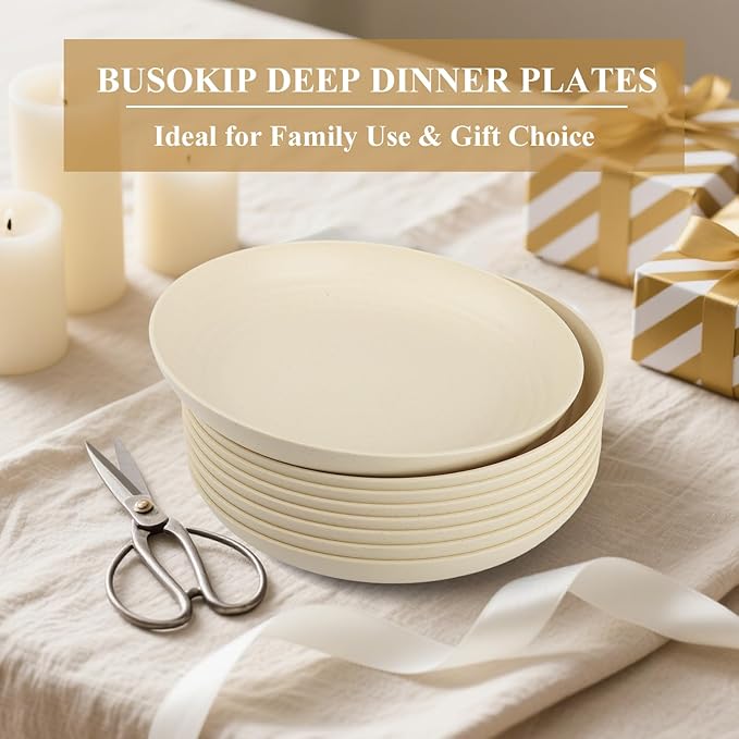 Deep Dinner Plates Set of 8, Wheat Straw Plate 9 Inch, Lightweight and Unbreakable Plastic Plate Reusable, Microwave & Dishwasher Safe Camping Plates for Picnic, Outdoor, Travel (Beige)