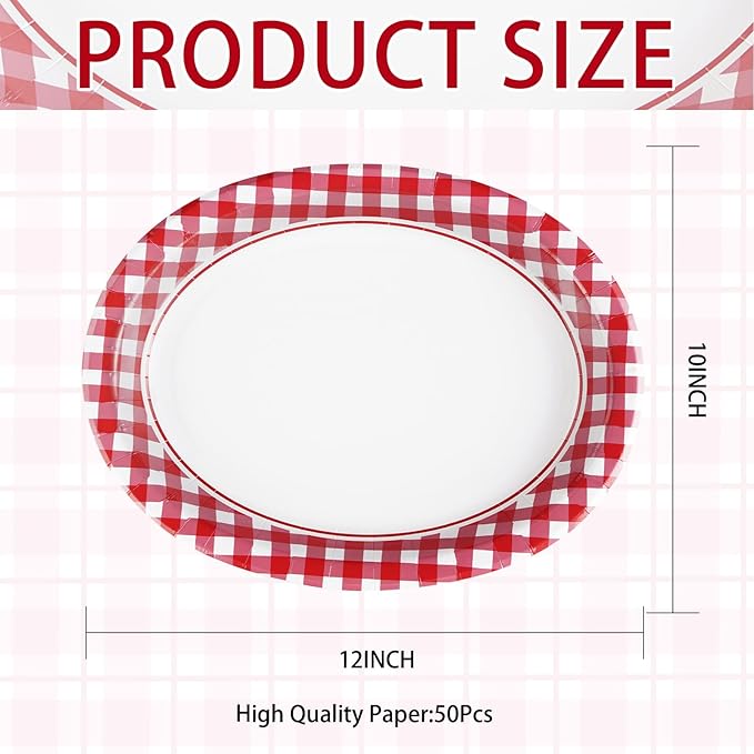 50Pcs Gingham Oval Paper Plates 10" x 12" Large Disposable Heavy Duty Valentine‘s Day Red and White Buffalo Checked Plaid Paper Dessert Platter Plates for Valentines Day Picnic Birthday Party Supplies