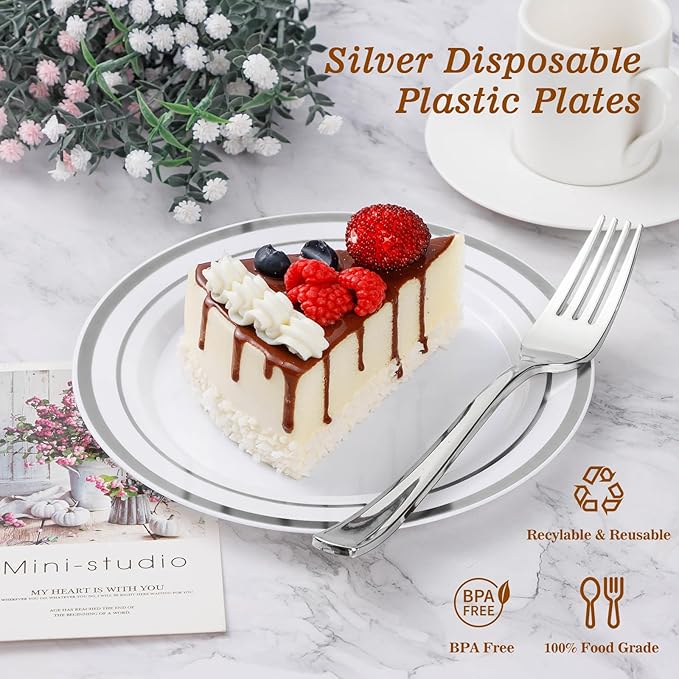 BESTVIP 50PCS 7 Inch Silver Plastic Plates, Disposable Salad Dessert Plate with Silver Rim for Christmas, Thanksgiving, Heavy Duty Disposable Plastic Plates for Parties, Wedding and Birthday, Events