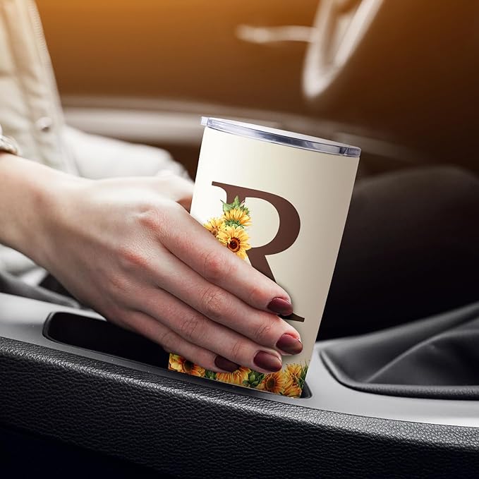 Sunflower Gifts for Women - Personalized Christmas Gifts for Women - Birthday Gift for Woman - Mothers Day Gift for Mom - Monogrammed, Initial 20oz Travel Cup Insulated Tumbler with Lid, R