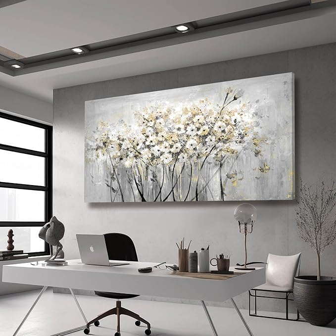 Flowers Canvas Wall Art White Paintings Grey Gold Contemporary Artwork Master Bedroom Wall Decor 29"x 58" Large Framed Art for Living Room Office Home Decor
