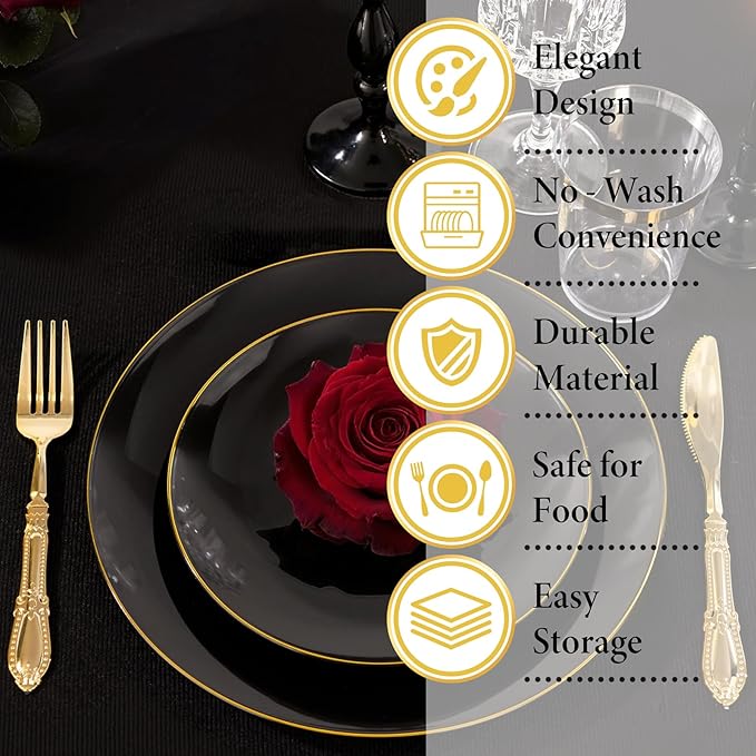 Nervure 100 Pieces Black Plastic Plates - 7.5inch Black Dessert Plates - Disposable Gold Plastic Plate - Disposable Plate Ideal for Wedding & Party