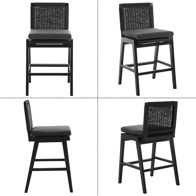 Carbon Black Bar Stools Set of 4, 27.3 Inch Counter Height Stools Upholstered Linen Armless Bar Chairs with Woven Rope Backrest Wooden Legs for Kitchen Island Dining Room