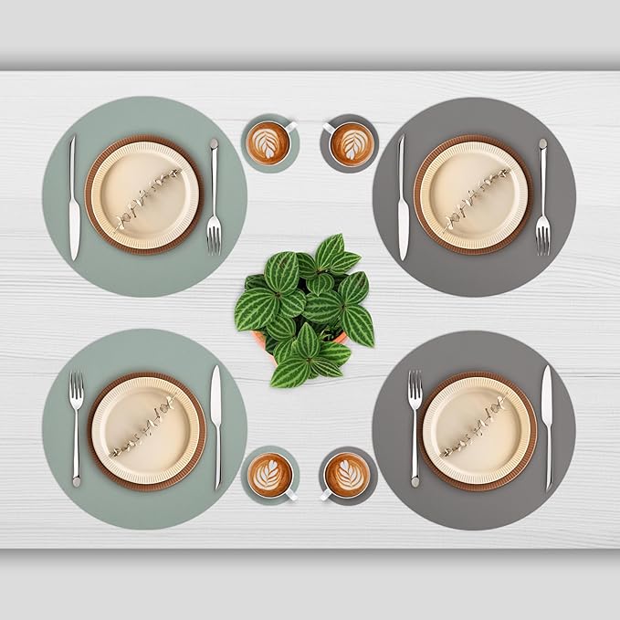 Myir JUN Round Placemats Set of 6 Faux Leather Place Mats and Coasters 15 inch Round Table Mats Dual Sided Non-Slip Stain Resistant Placemats (Gray & Sage Green, Set of 6)