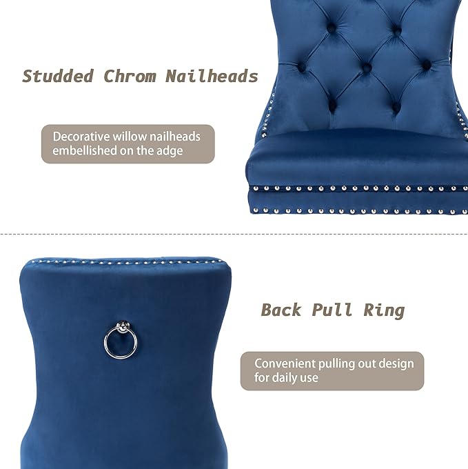 KCC Velvet Dining Chairs Set of 6, Upholstered High-end Tufted Dining Room Chair with Nailhead Back Ring Pull Trim Solid Wood Legs, Nikki Collection Modern Style for Kitchen, Blue