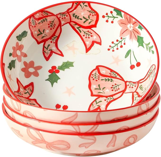 42 OZ Pasta bowls Set of 4, Pink Plates and bowls for Kitchen,Dinner, Christmas and Daily Meals, Versatile Salad Bowls for Holiday Entertaining,Microwave and Dishwasher Safe, Pink