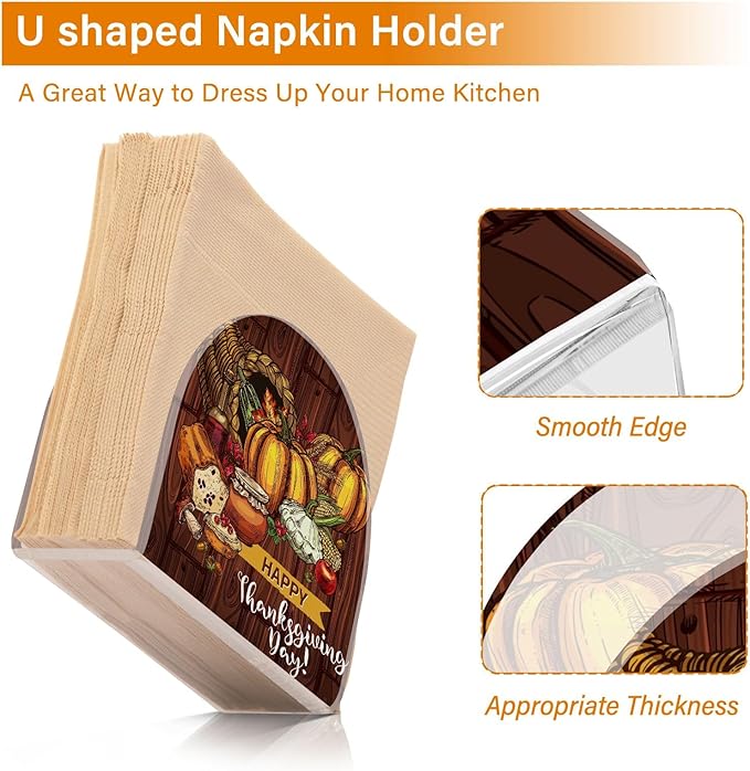 Napkin Holder Happy Thanksgiving Day Turkey Bread Pumpkin Crystal Clear Acrylic Napkin Holders, Paper Napkin Holder Dining Table Dispenser for Kitchen Restaurant Home Decor Bar Accessories
