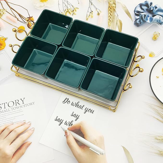 YA JU Ceramic Bowls and with Lid Gold Basket Trays, 6 Removable Small Bowls Condiment Trays Nut Serving Set for Snacks, Fruits, Candy and Condiments - Great for Parties, Holiday Gifts, Green