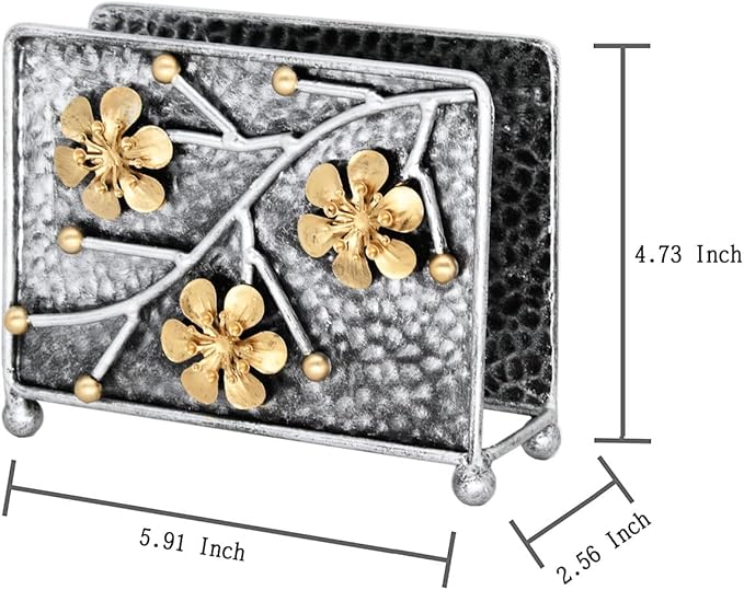 OwlGift Sakura Napkin Holder, Cherry Blossom Design Metal Freestanding Tissue Dispenser Organizer Iron Tabletop Paper Napkin Holder Stand for Home Kitchen Restaurant Picnic Party, Silver