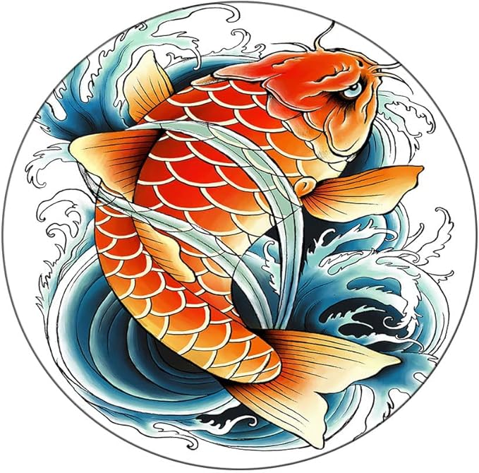 Polyester Tablecloth, Koi Fish Waterproof Oil-Proof PVC Table Cloth, Tattoo Style Japanese Wave, Fit Round Tables 28inch Diameter, Holiday Party Home Kitchen Dining Table Decoration, Multicolor
