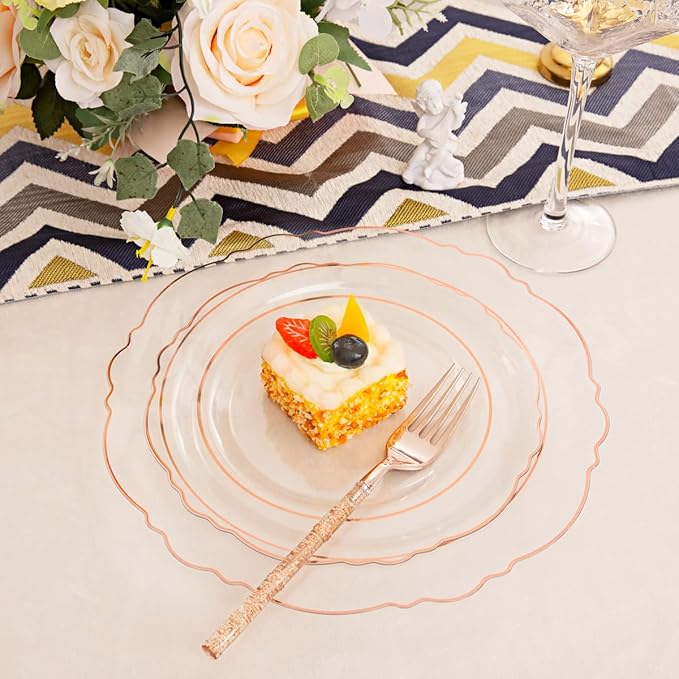 Liacere 150PCS Rose Gold Plastic Plates - Clear Rose Gold Disposable Plates with Glitter Bamboo Handle Cutlery - 60 Baroque Elegant Plates, 30 Forks, 30 Spoons, 30 Knives for Wedding＆Valentine's Day