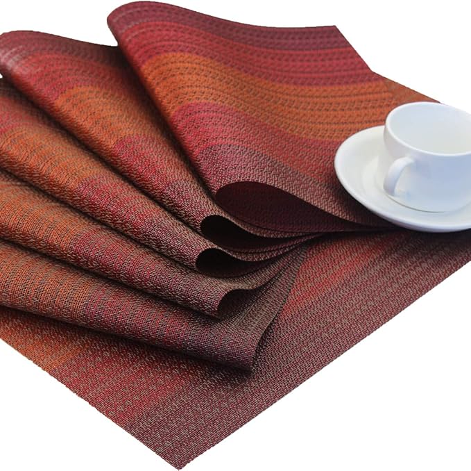 Placemats Washable Easy to Clean PVC Placemat for Kitchen Table Heat-resistand Woven Vinyl Hard Table Mats 12x18 inches Set of 4 (Red)