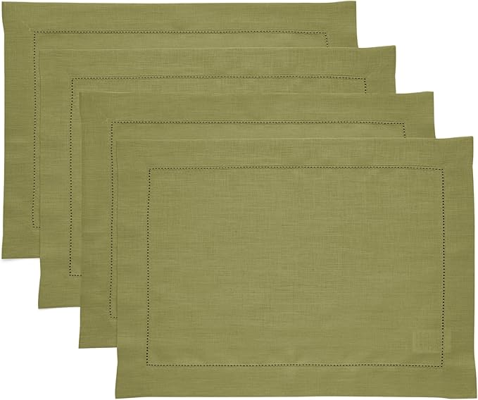 Solino Home Linen Placemats Set of 4 - Classic Hemstitch Avocado Green Placemats 14 x 19 Inch - 100% Pure Linen Table Mats for Winter, Spring, Easter, St Patricks Day