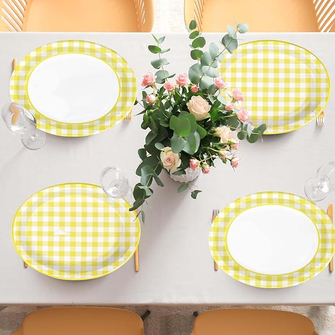 50Pcs Yellow Gingham Oval Paper Plates 10"x12" Large Yellow and White Buffalo Checkered Plaid Plates Disposable Heavy Duty Gingham Party Supplies for Picnic BBQ Baby Shower Birthday Party Decorations