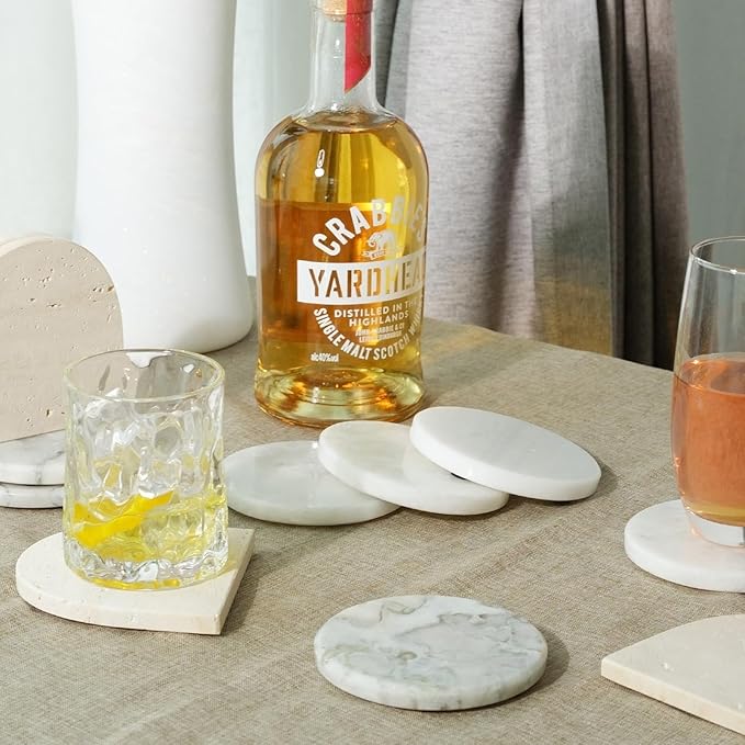 Koville Marble Coaster Set of 4, Round White Coasters, 4" Cup Coasters for Drinks, Heat Resistant Coaster for Coffee Table Home Office Bar Decor(Bianco Palomino)