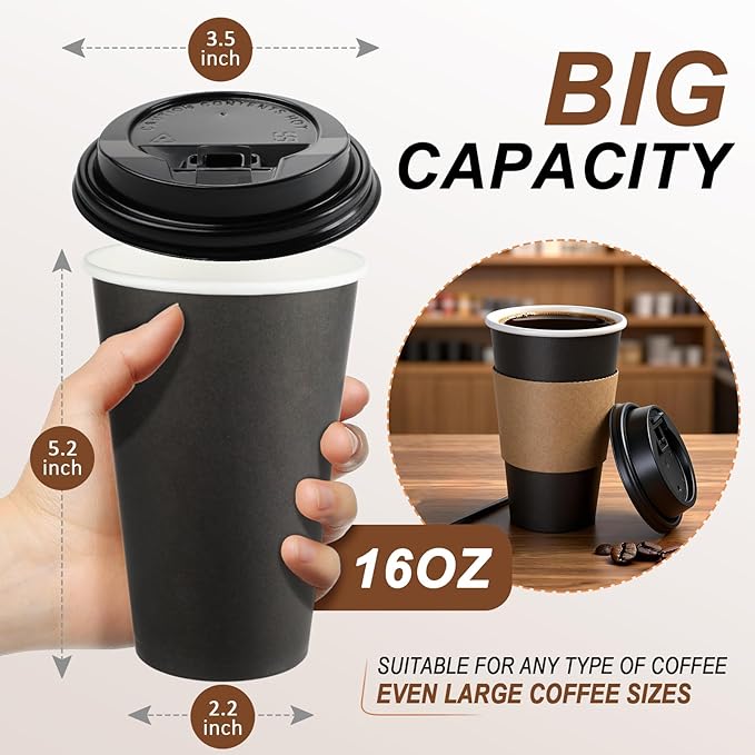 120 Pack 16 oz Paper Coffee Cups Set, Disposable Black Coffee Cups with Lids, Sleeves and Stirring Sticks, Fit For Cold and Hot Drinks