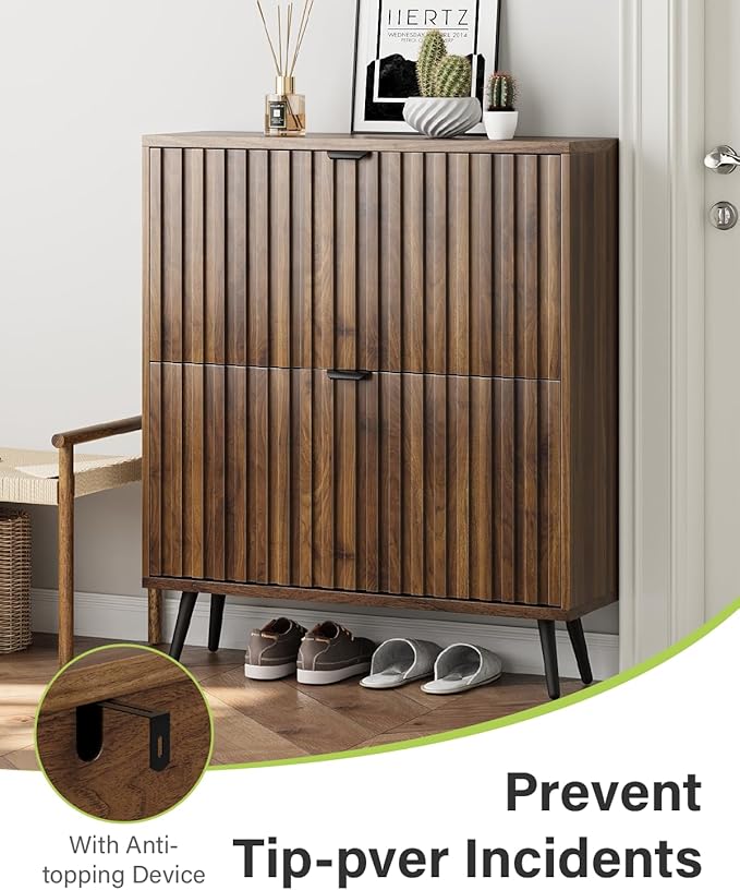 Shoe Storage Cabinet, Fluted Shoe Cabinet Storage for Entryway, Walnut Hidden Shoe Cabinet with Metal Legs,Shoe Organizer Cabinet with Flip Doors, Slim Entryway Shoe Storage Cabinet （31.5in）